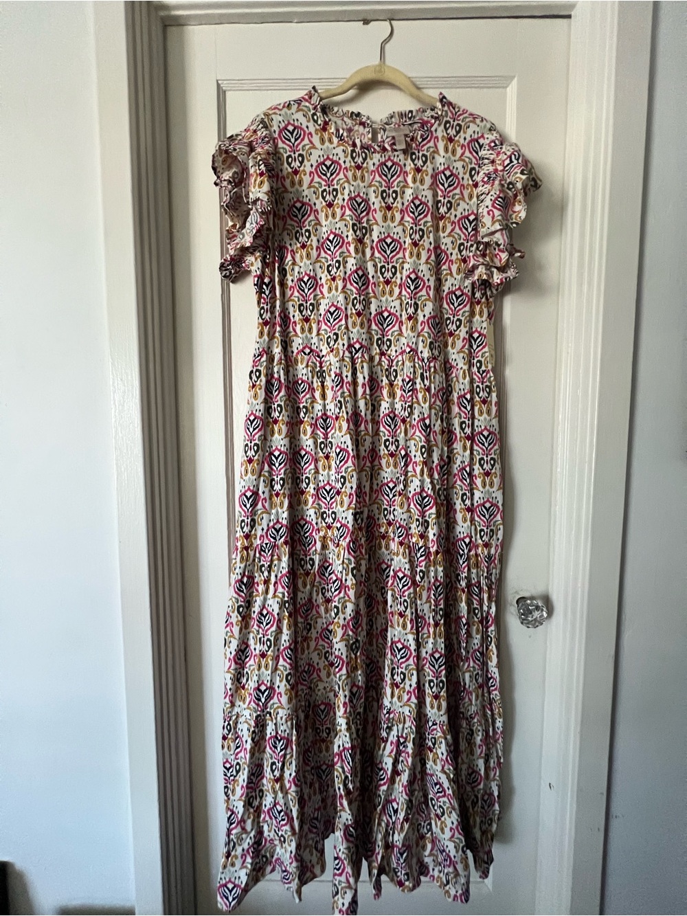 St. John's Bay Ivory Maxi Dress with Pink, Green & Gold Ikat Print
